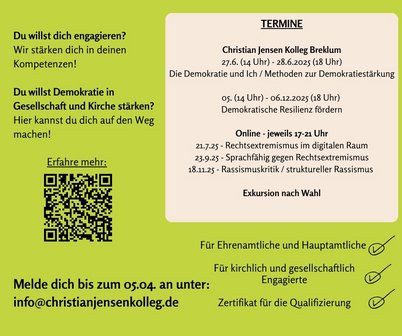 Alle Informationen zur Ausbildung zusammengefasst - Anmeldemöglichkeit bis 5.4. unter info@christianjensenkolleg.de sowie Einzeltermine in Präsenz und Online. 